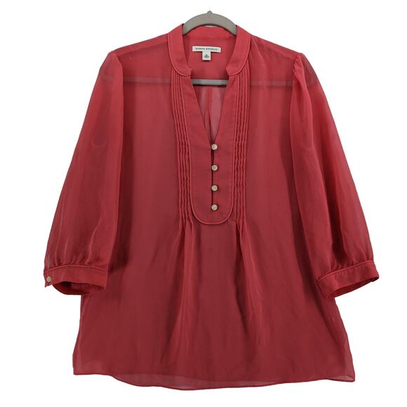 Banana Republic Sheer Blouse M Pink Draped Button Up Workwear 3/4 Sleeve Split V - Picture 1 of 10